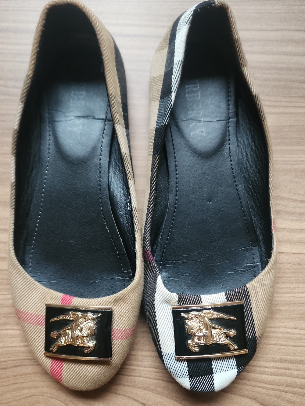 Burberry Tan Plaid & Black Plaid Logo Ballet Flats